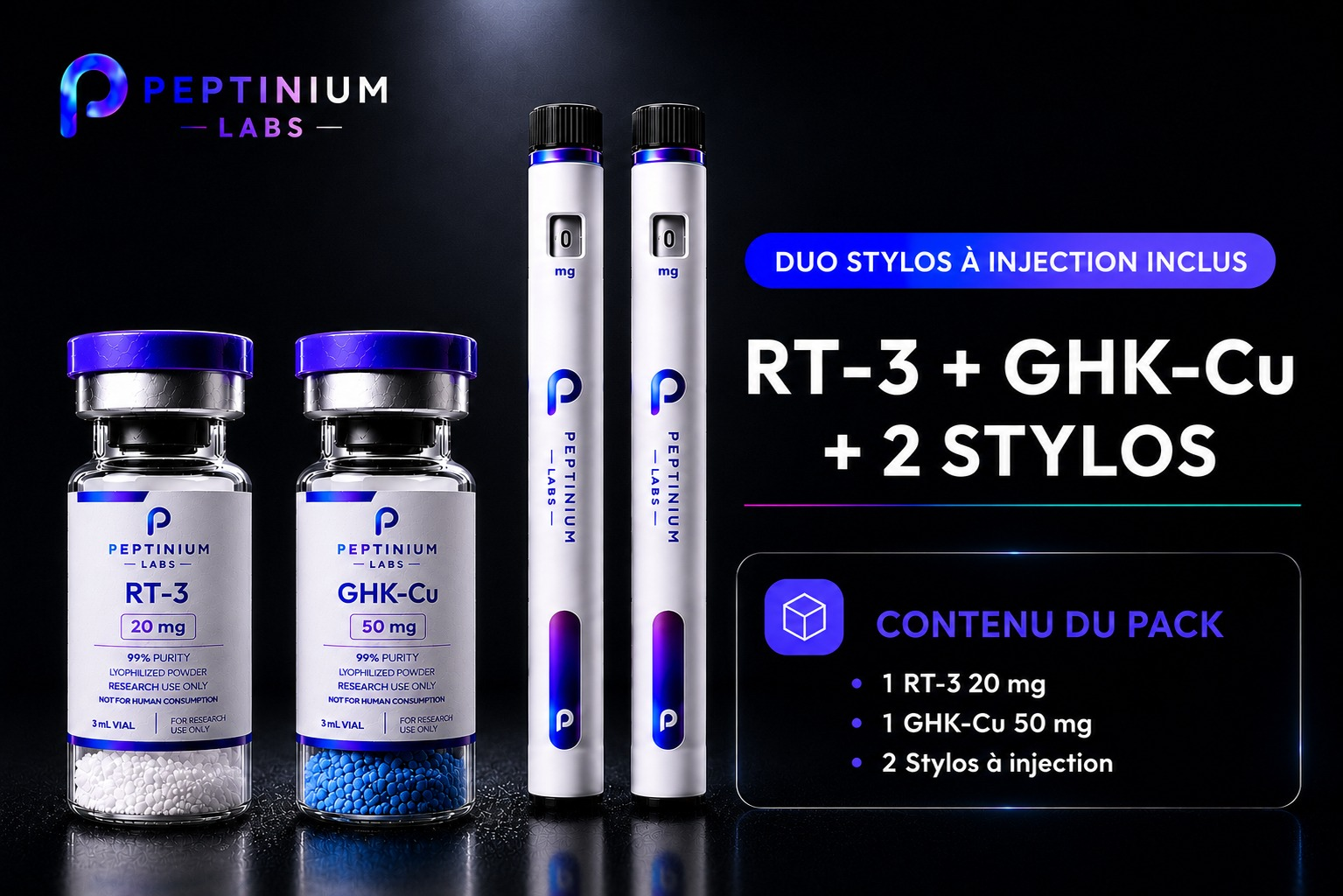 Flacon Dual Pens RT-3 + GHK-Cu 20 mg + 50 mg — Research Use Only