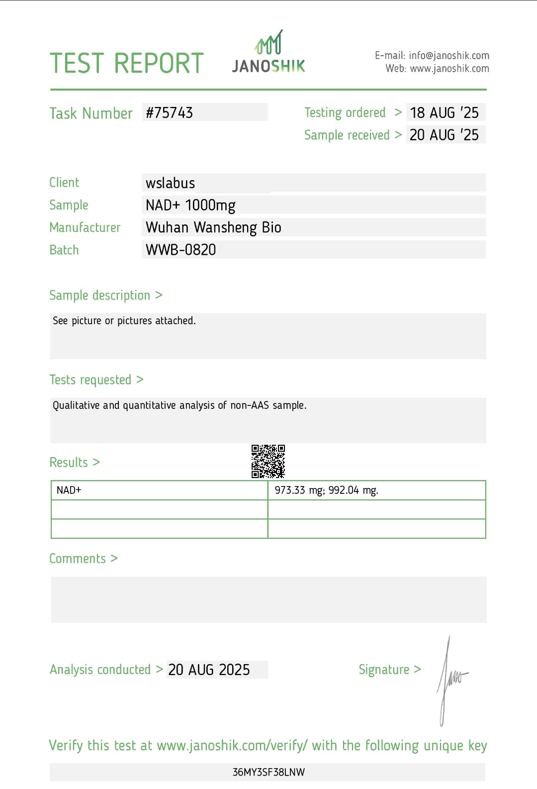 Certificat d'analyse NAD+ 1000 mg