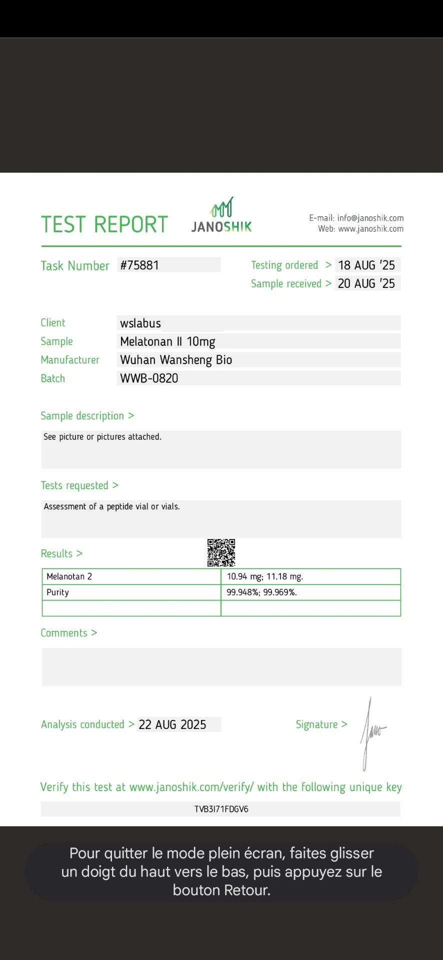 Certificat d'analyse Melanotan II 10 mg