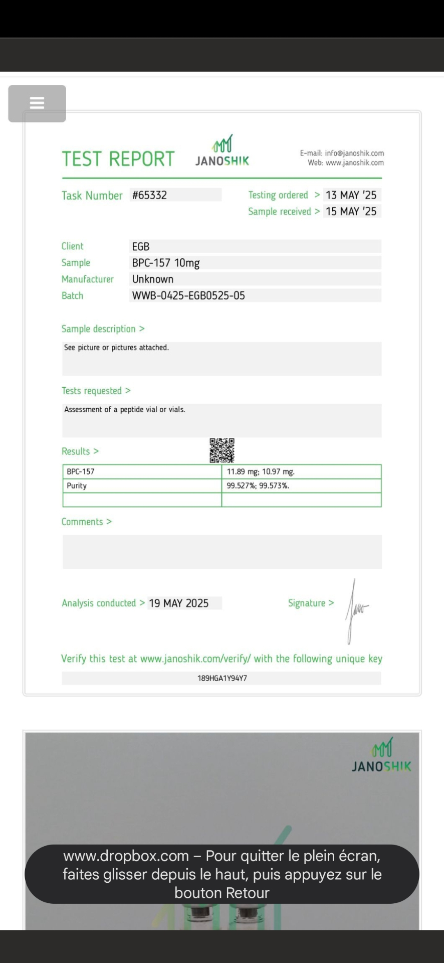 Certificat d'analyse BPC-157 10 mg