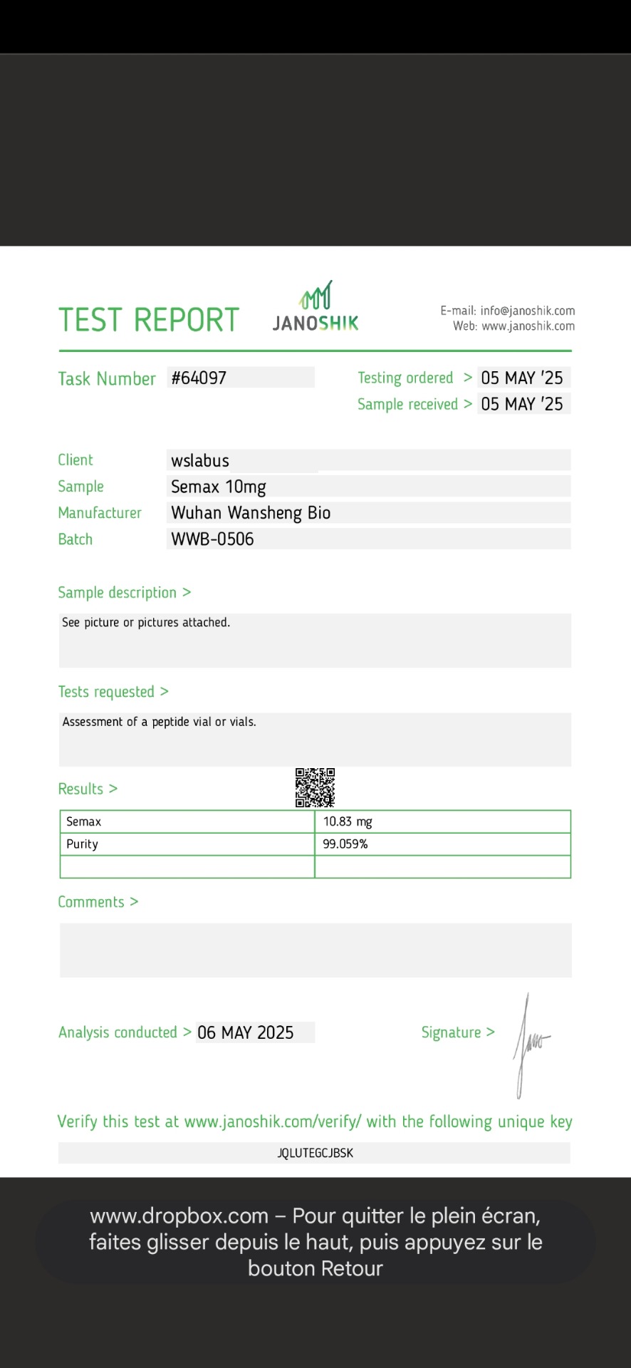 Certificat d'analyse Semax 10 mg