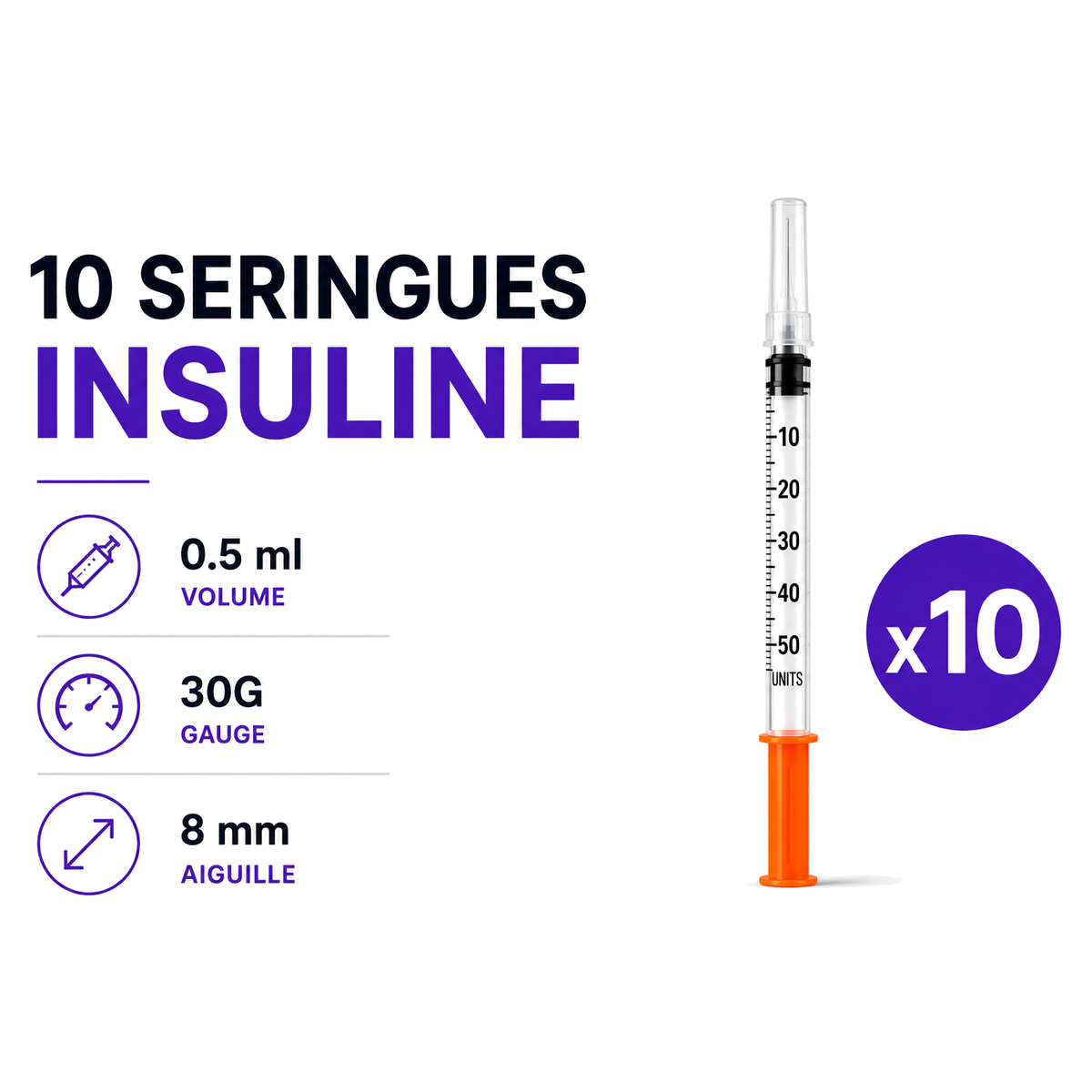 Seringues insuline 0,5 ml 30G 8 mm — Pack de 10 — consommable de laboratoire Peptinium Labs