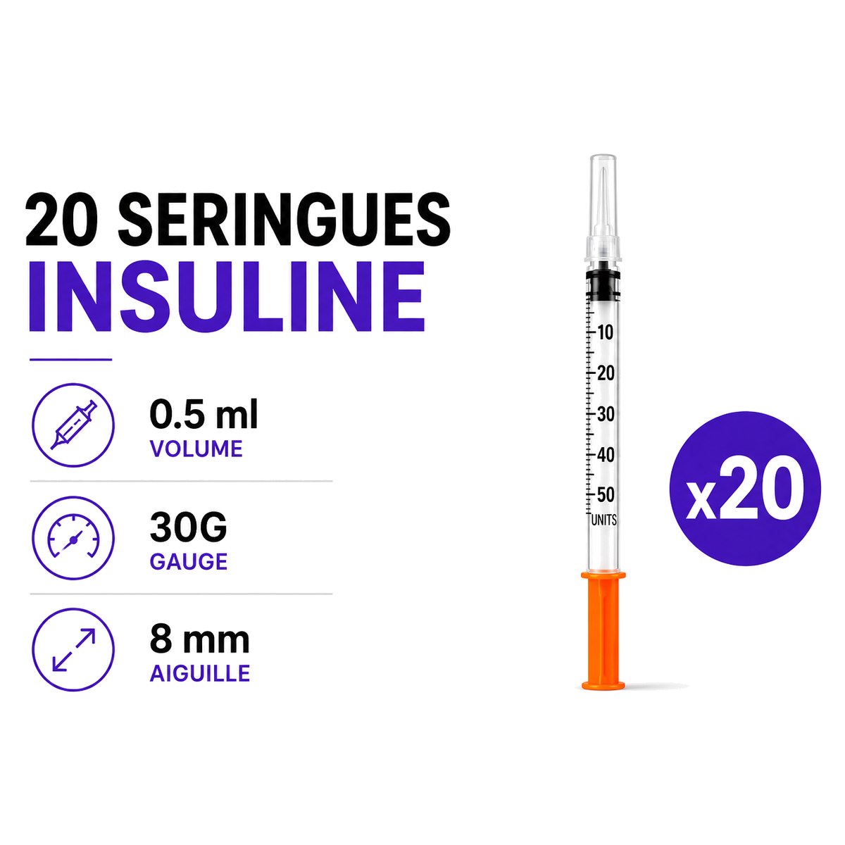 Seringues insuline 0,5 ml 30G 8 mm — Pack de 20 — consommable de laboratoire Peptinium Labs