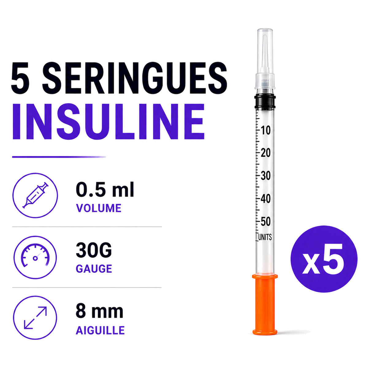 Seringues insuline 0,5 ml 30G 8 mm — Pack de 5 — consommable de laboratoire Peptinium Labs