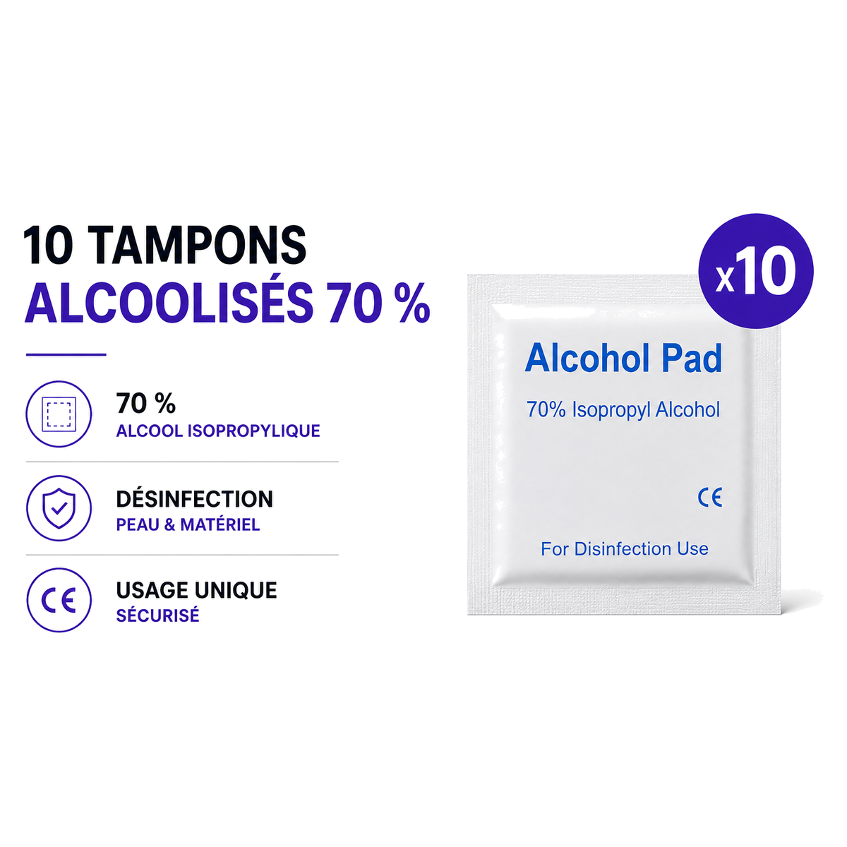 Tampons alcoolisés 70 % — Pack de 10 — consommable de laboratoire Peptinium Labs