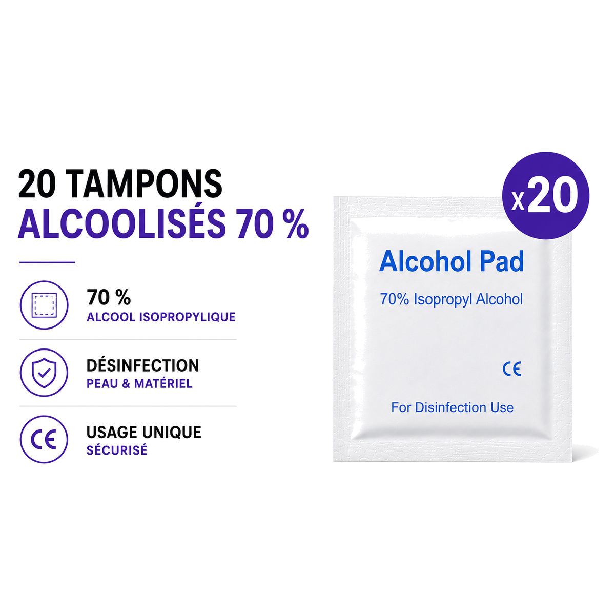 Tampons alcoolisés 70 % — Pack de 20 — consommable de laboratoire Peptinium Labs