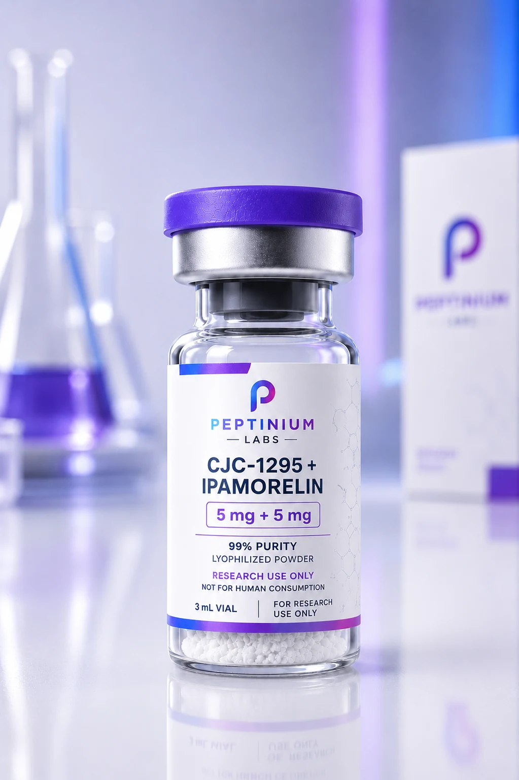 Flacon CJC-1295 + Ipamorelin 5 mg + 5 mg — peptide de recherche Peptinium Labs (Research Use Only)