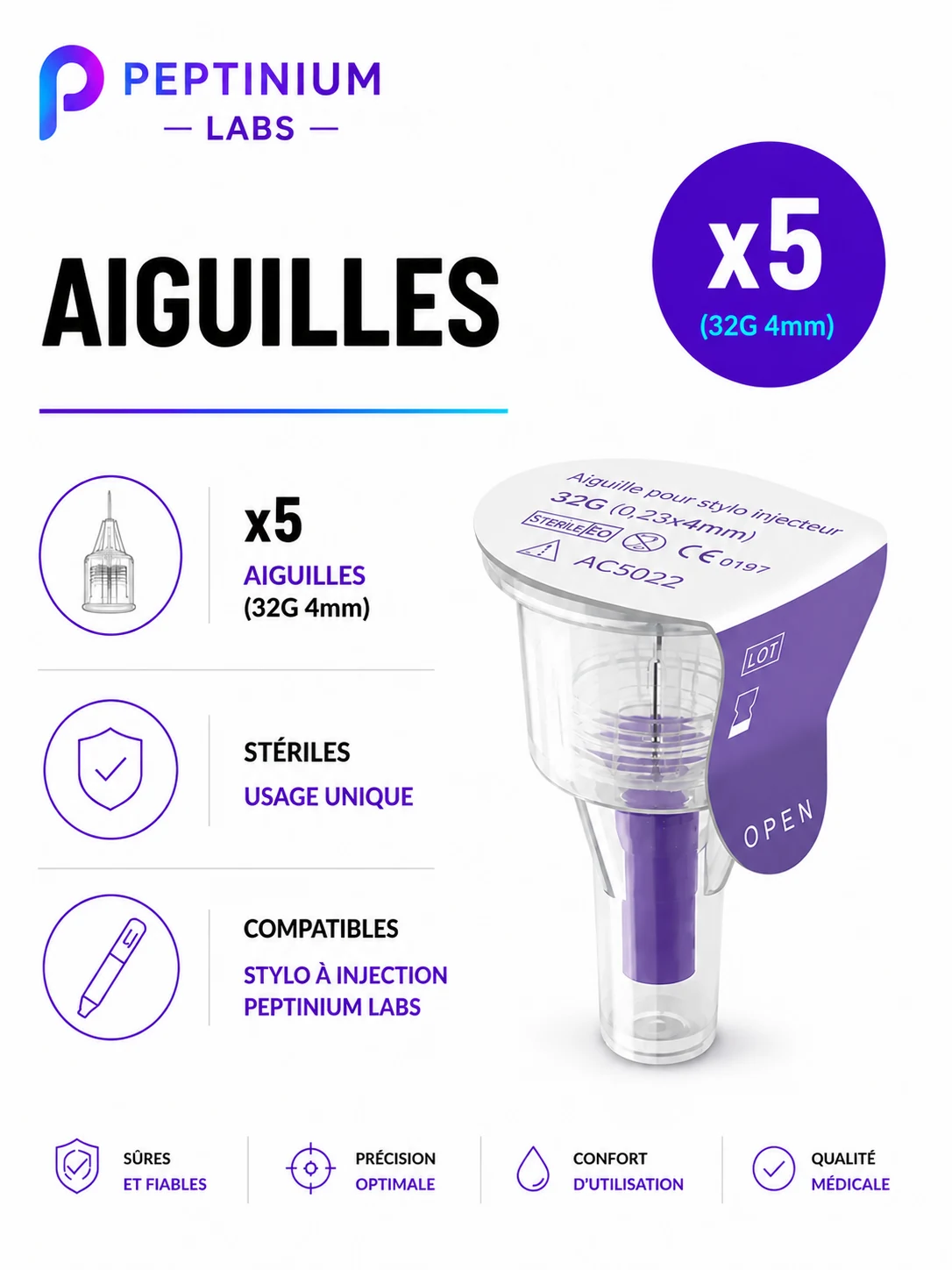 Aiguilles stylo 32G × 4 mm — consommable de laboratoire Peptinium Labs
