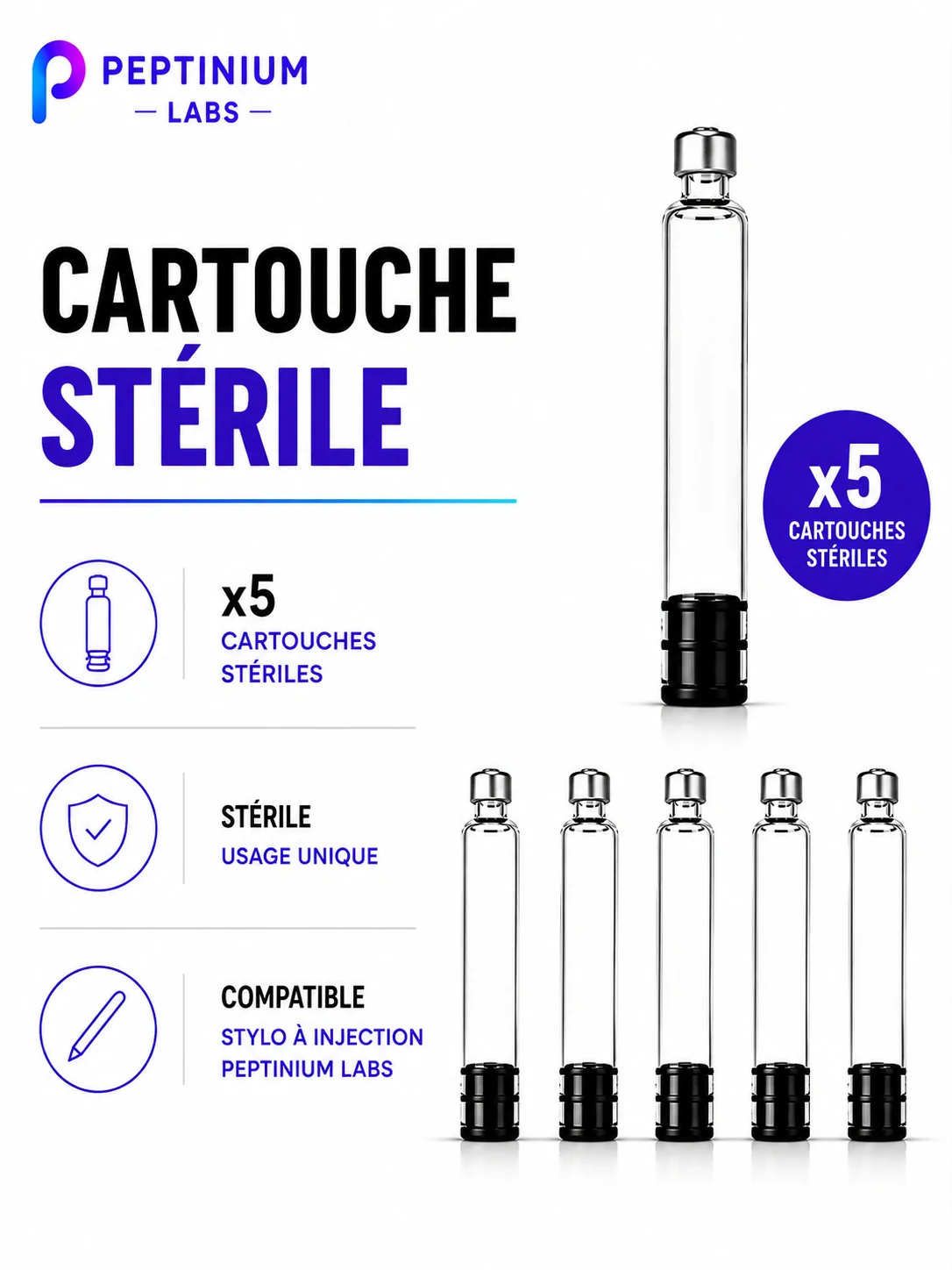 Cartouches stériles pour stylo — consommable de laboratoire Peptinium Labs