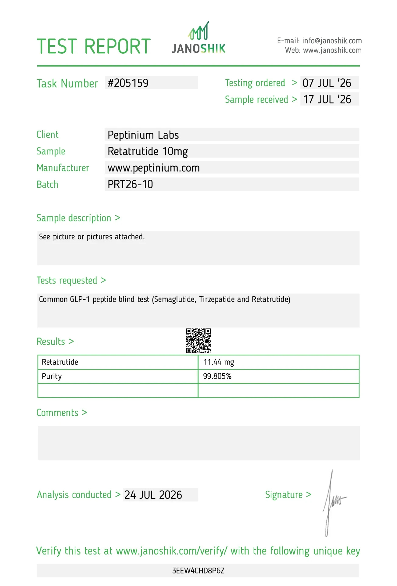 Certificat d'analyse RT-3 10 mg — Peptinium Labs
