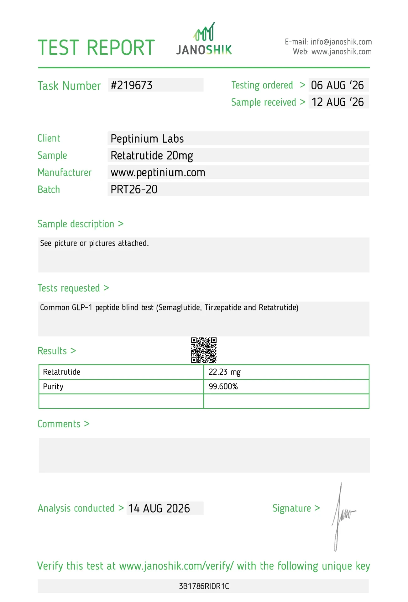 Certificat d'analyse RT-3 20 mg — Peptinium Labs