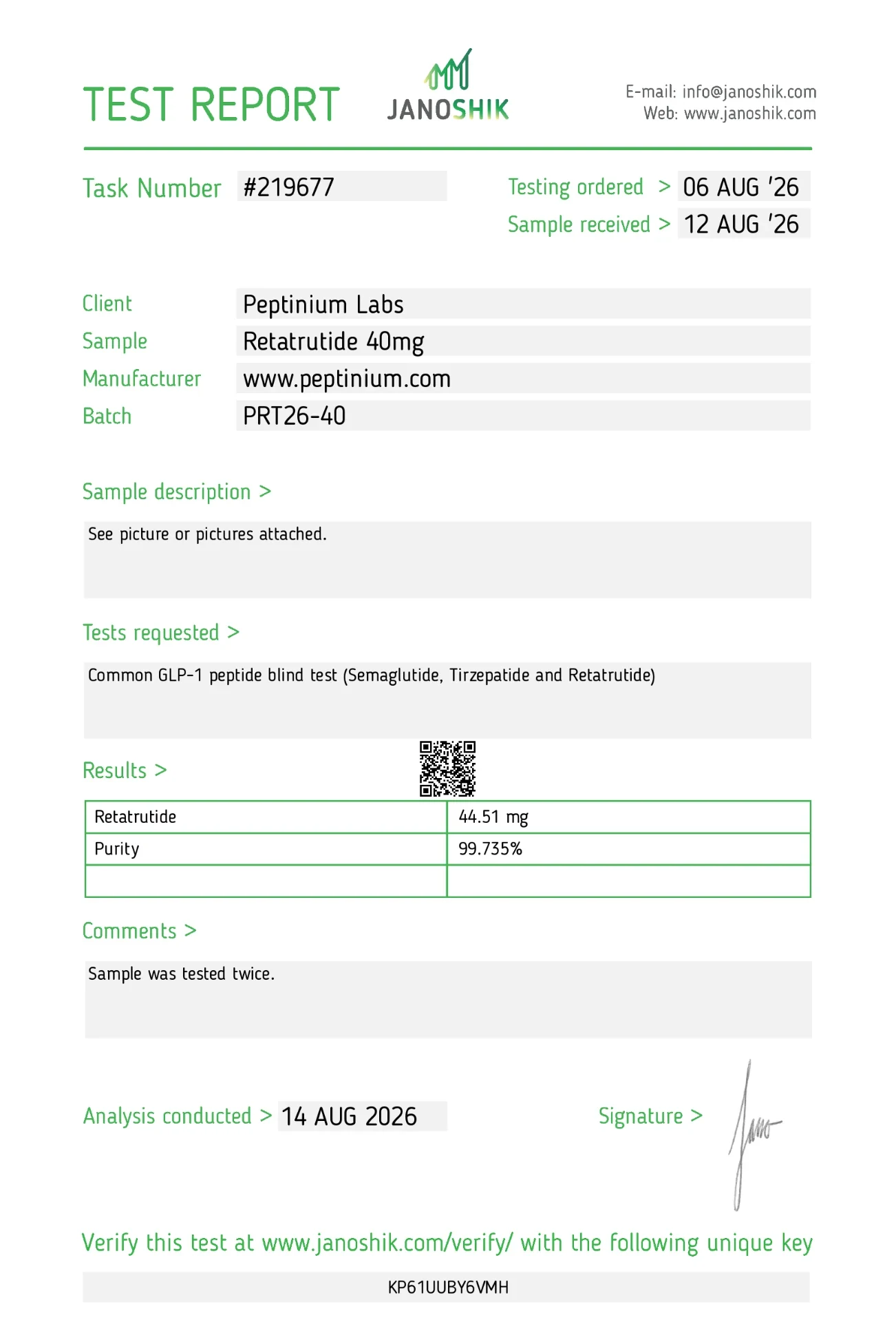 Certificat d'analyse RT-3 40 mg — Peptinium Labs