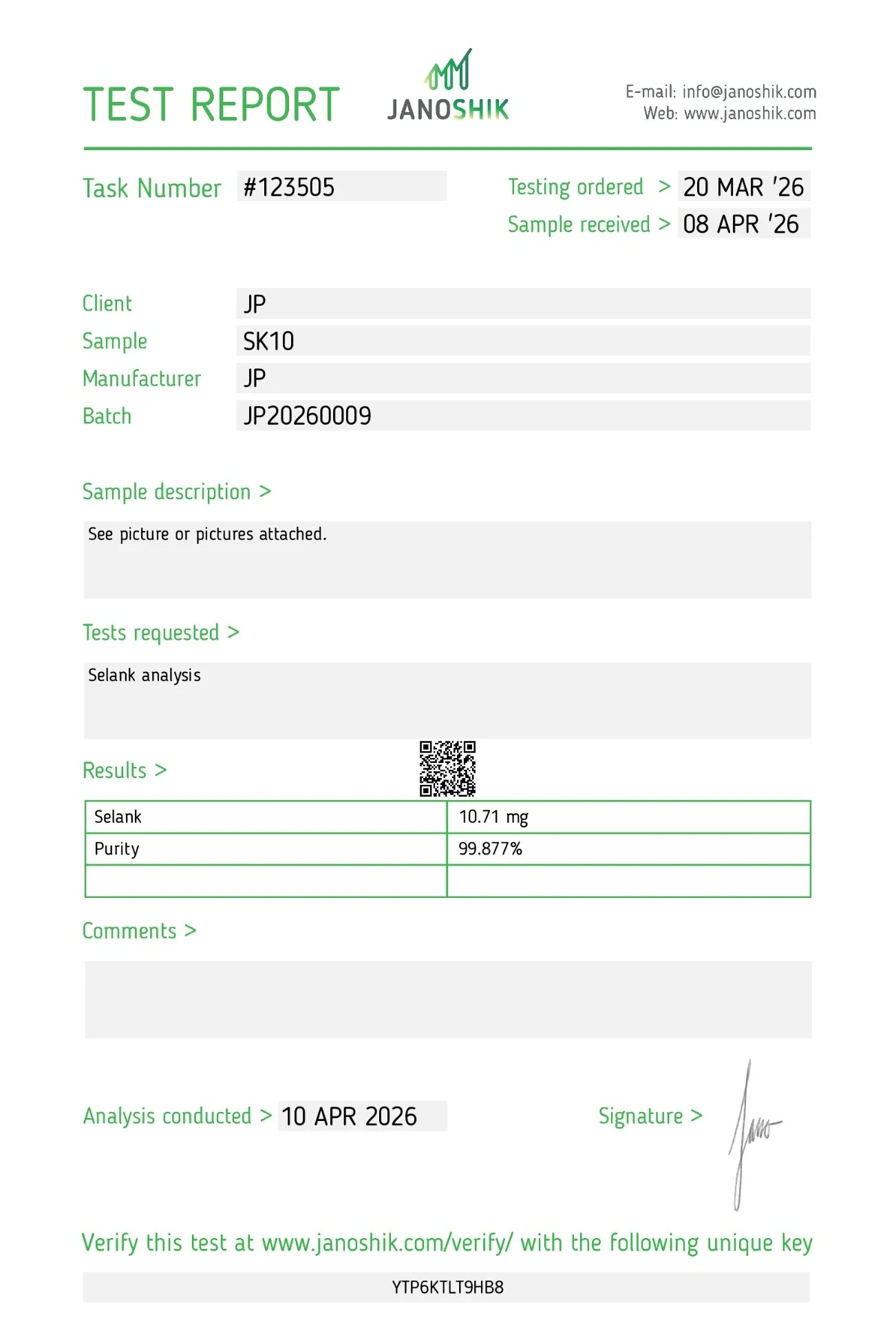 Certificat d'analyse Selank 10 mg — Peptinium Labs