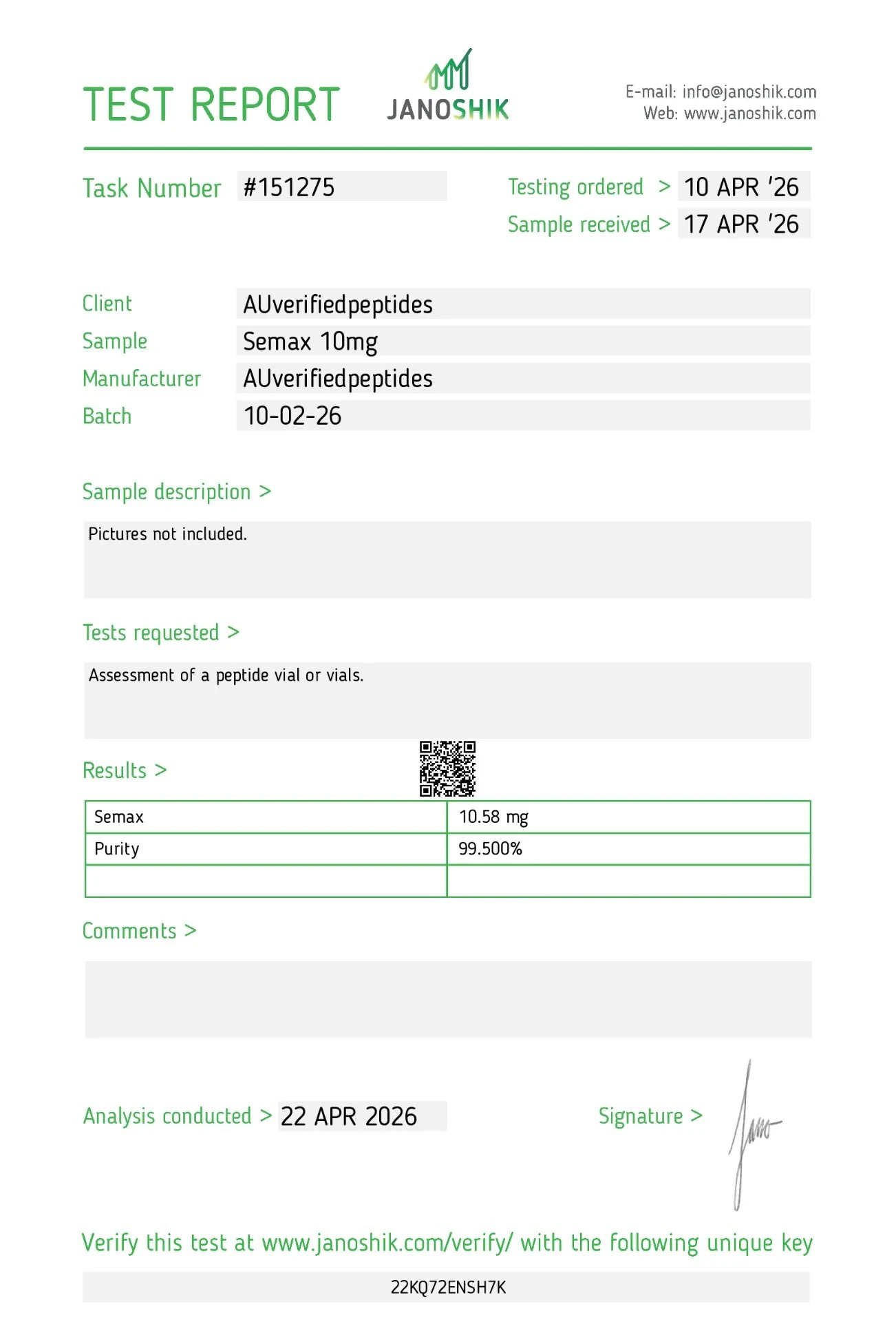 Certificat d'analyse Semax 10 mg — Peptinium Labs