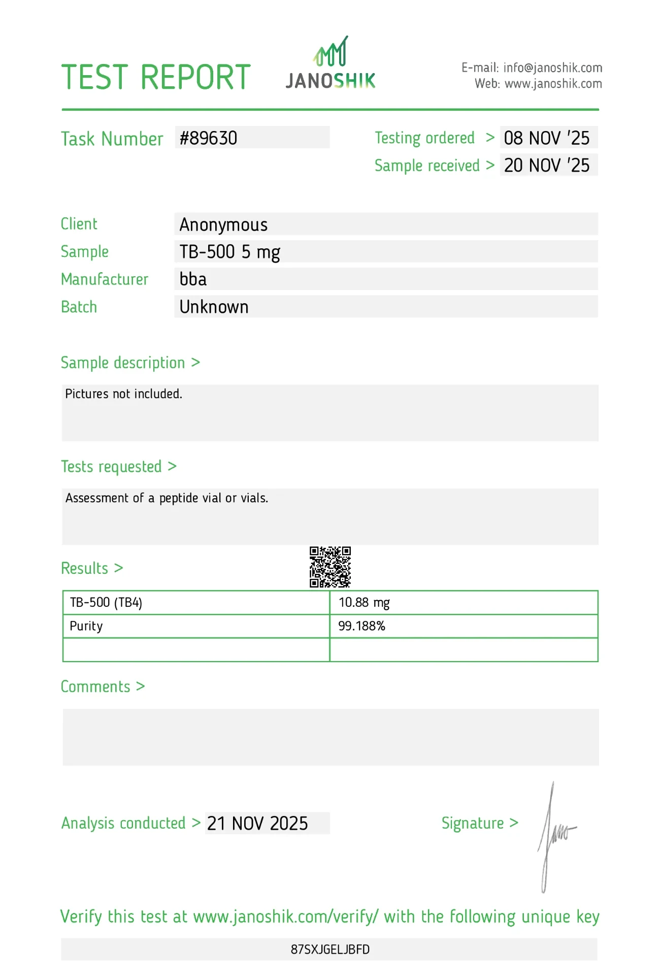 Certificat d'analyse TB-500 5 mg — Peptinium Labs