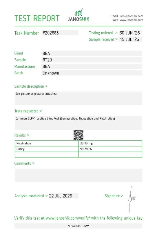 Certificat d'analyse RT-3 20 mg — Peptinium Labs