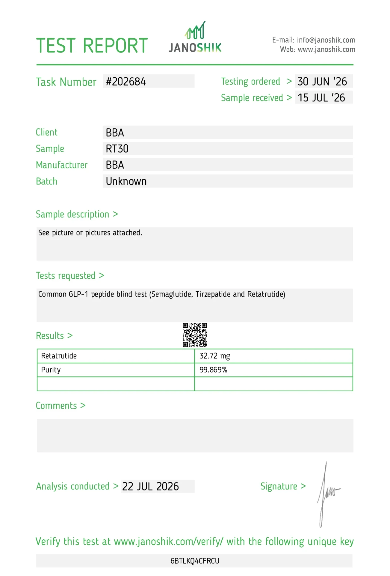 Certificat d'analyse RT-3 30 mg — Peptinium Labs