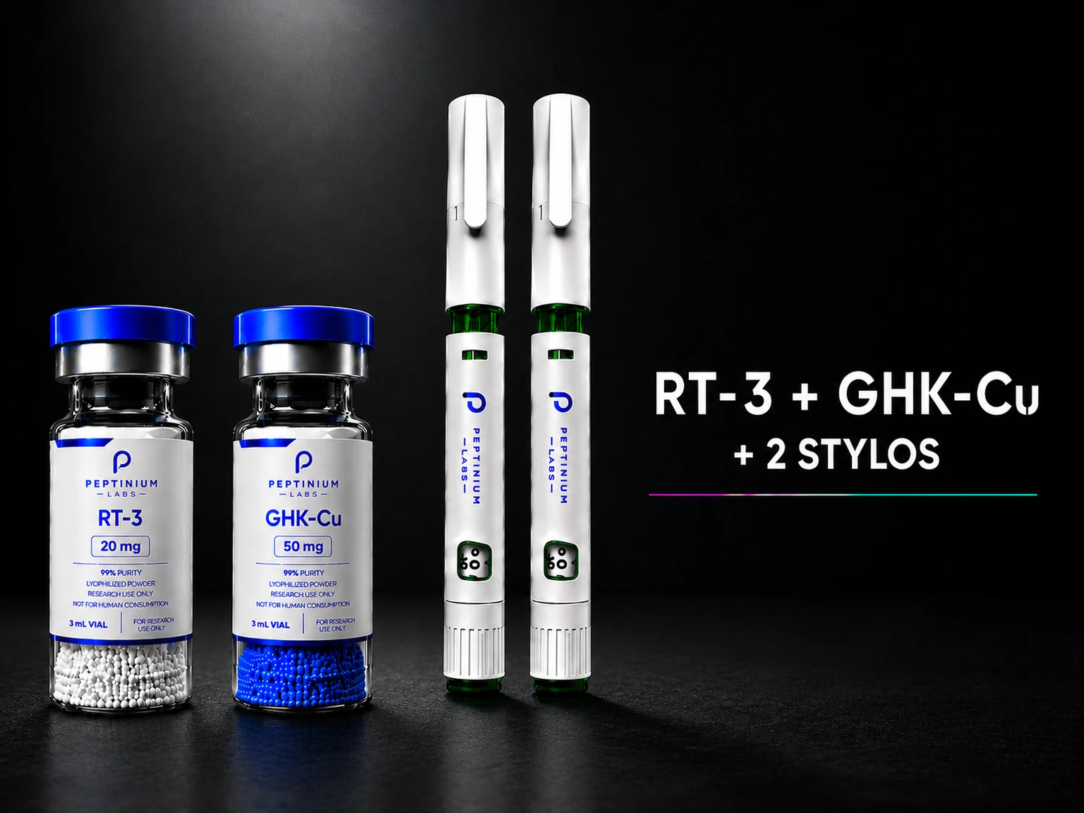 Flacon Pack Duo Stylos RT-3 (R3) + GHK-Cu 20 mg + 50 mg · Jetable — peptide de recherche Peptinium Labs (Research Use Only)