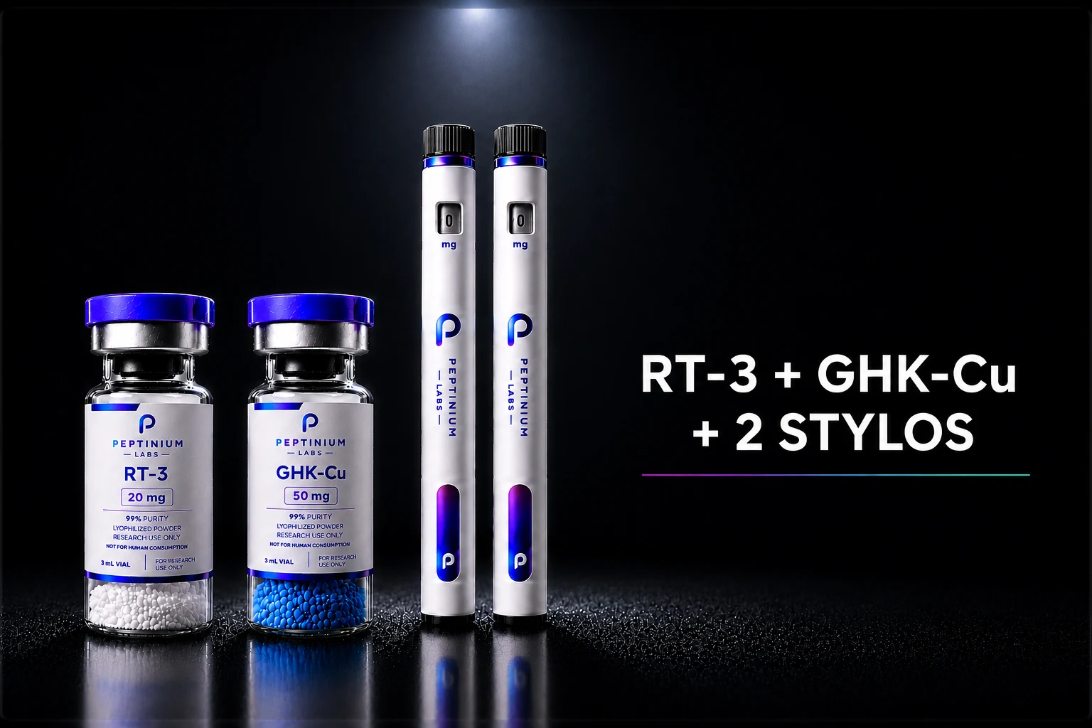 Flacon Pack Duo Stylos RT-3 + GHK-Cu 20 mg + 50 mg — peptide de recherche Peptinium Labs (Research Use Only)