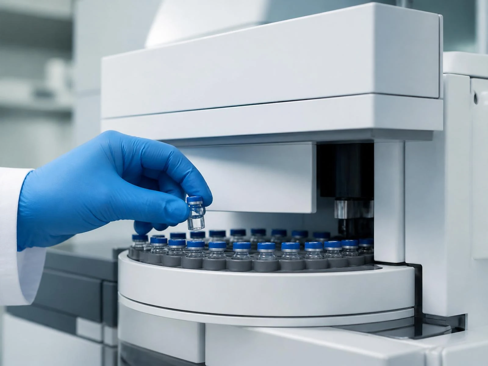 Analyse HPLC — chargement d'un flacon de peptide sur un passeur d'échantillons
