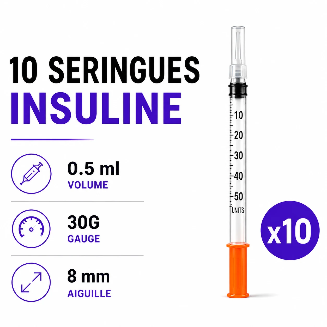 Seringues insuline 0,5 ml 30G 8 mm — Pack de 10 — Peptinium Labs