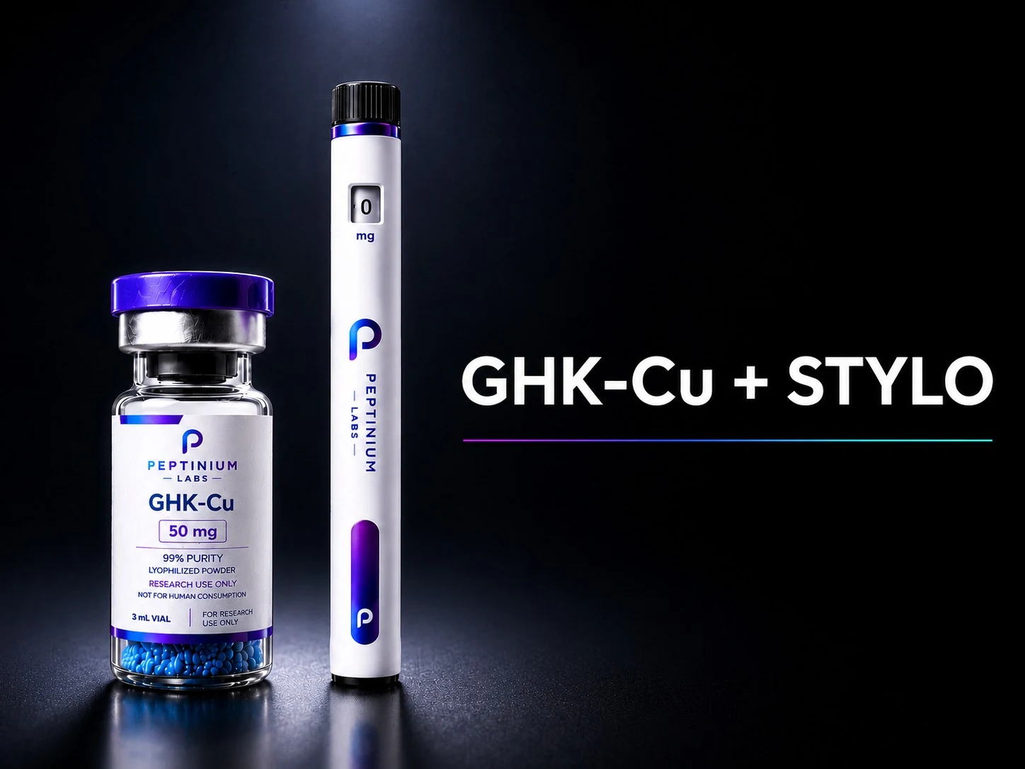 Flacon Pack Stylo + GHK-Cu 50 mg — peptide de recherche Peptinium Labs (Research Use Only)
