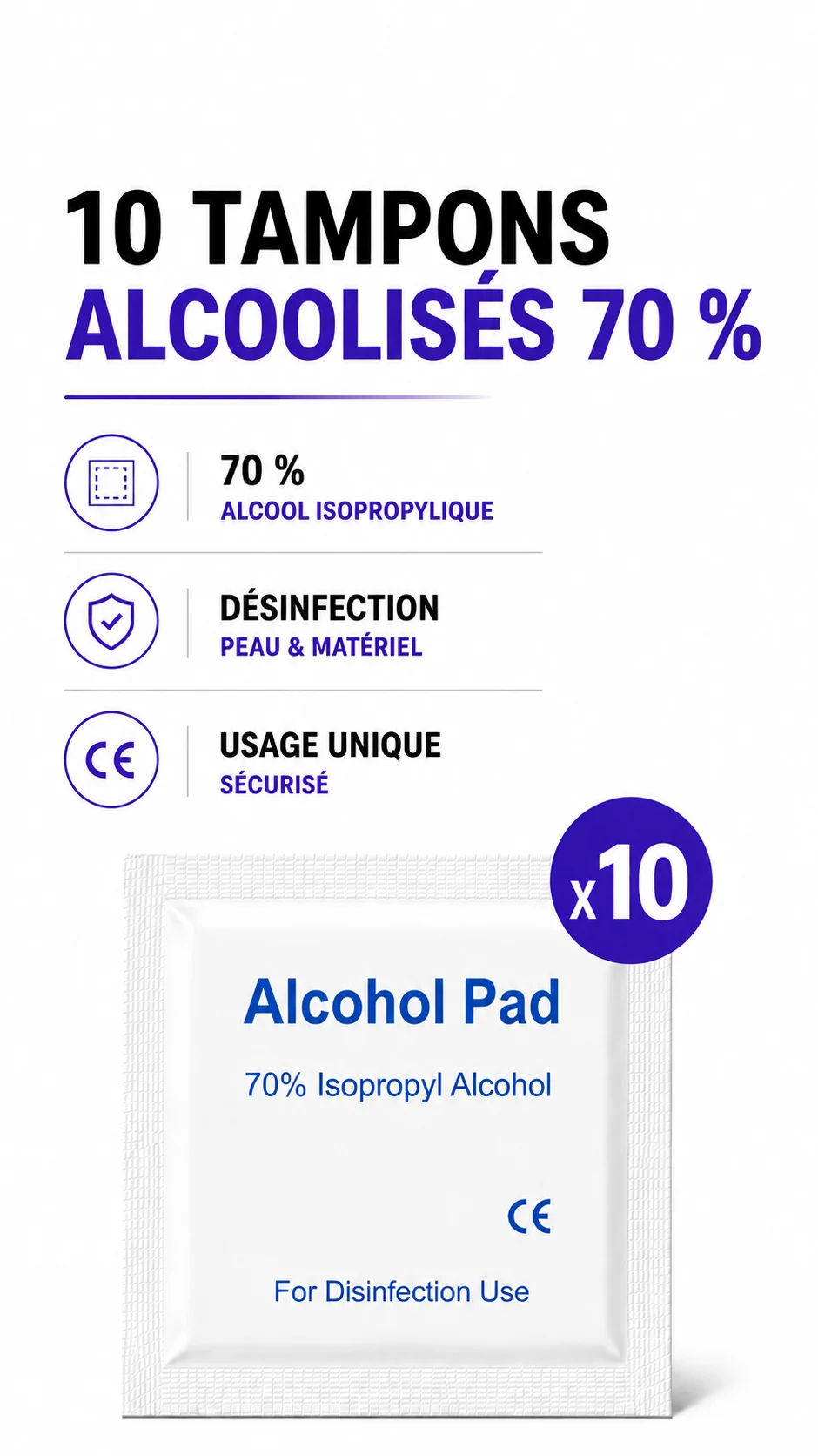 Tampons alcoolisés 70 % — consommable de laboratoire Peptinium Labs
