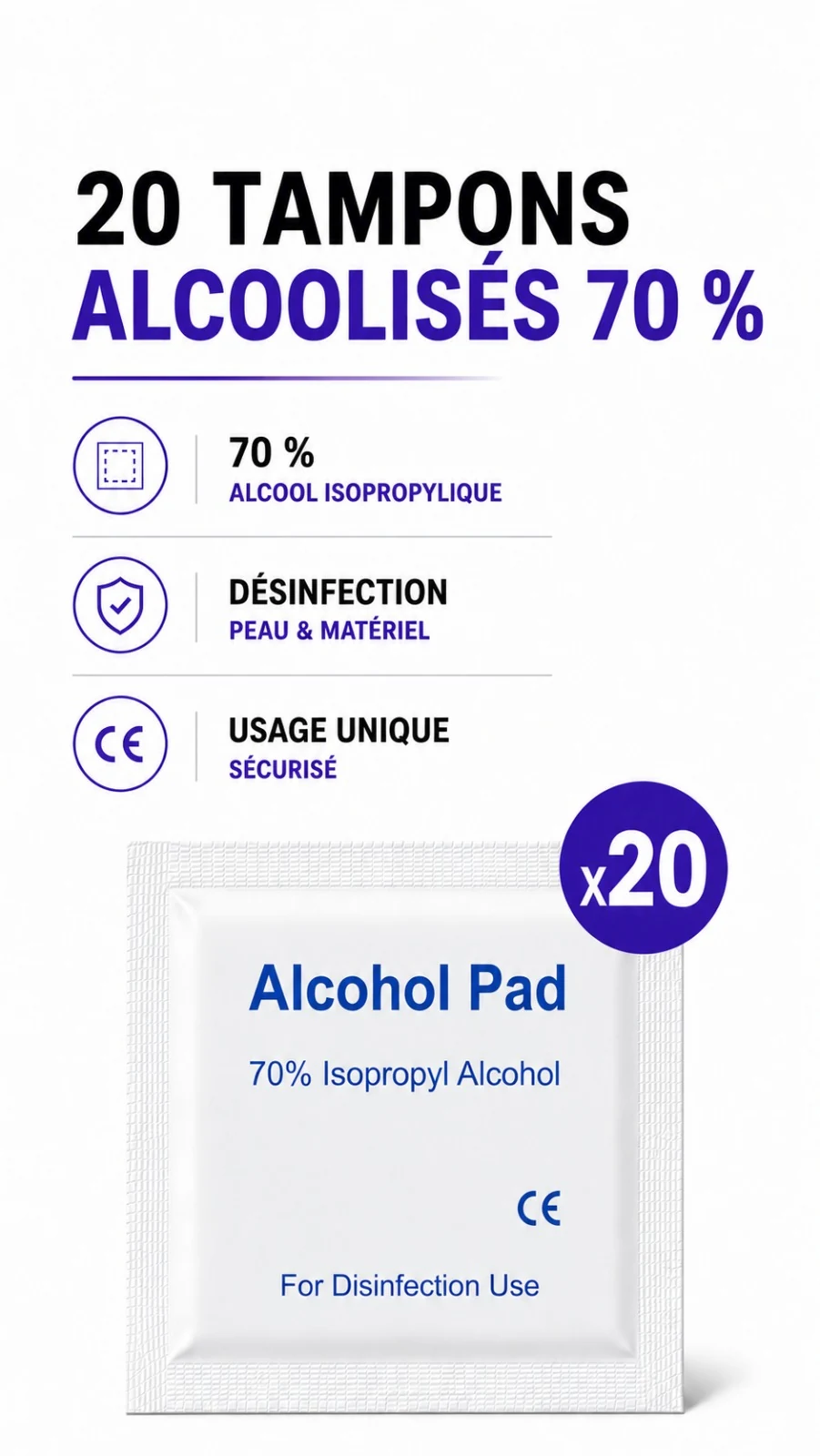 Tampons alcoolisés 70 % — Pack de 20 — Peptinium Labs